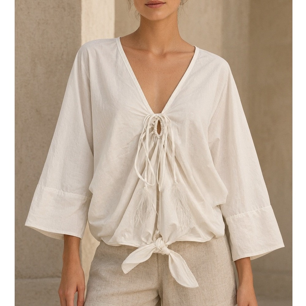 Andres Otalora V-Neck Blouse Size 6 White Tie Front Feather Batwing Poplin Top
